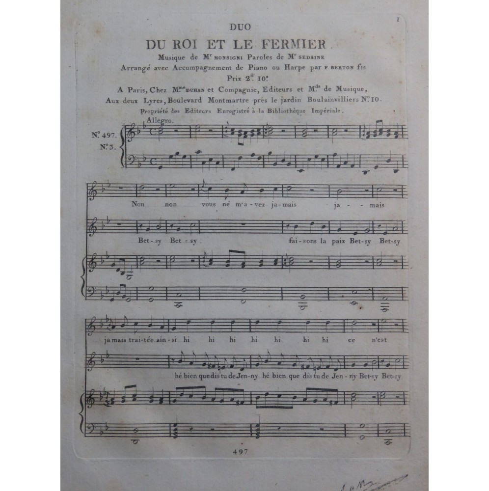 MONSIGNY P. A. Le Roi et le Fermier No 3 Chant Piano ou Harpe ca1810