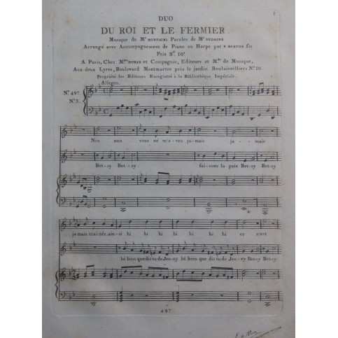 MONSIGNY P. A. Le Roi et le Fermier No 3 Chant Piano ou Harpe ca1810