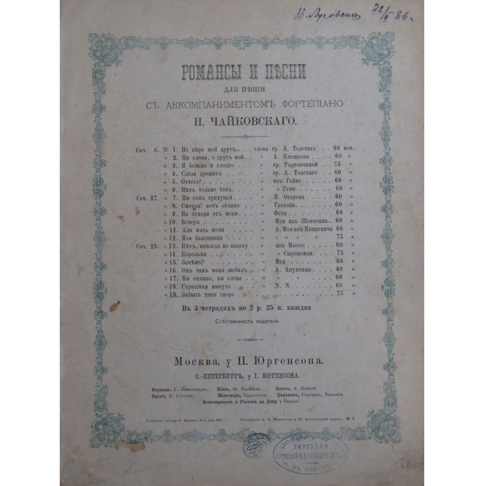 TSCHAIKOWSKY P. I. Oublier si vite ! Chant Piano 1873