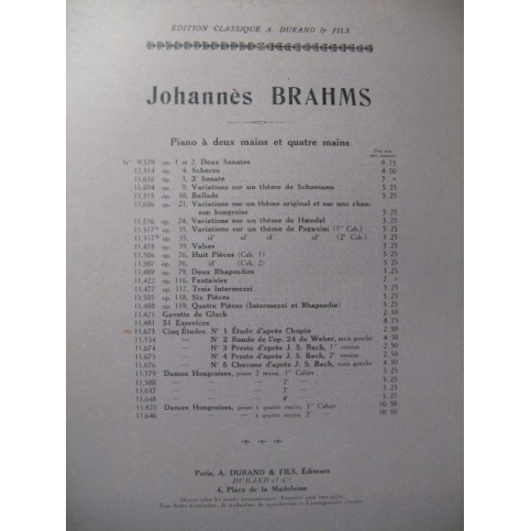 BRAHMS Johannes Etude d'après Chopin Piano 1929