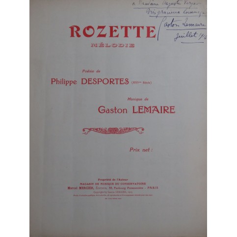 LEMAIRE Gaston La Vierge à la Crèche Dédicace Chant Piano 1913