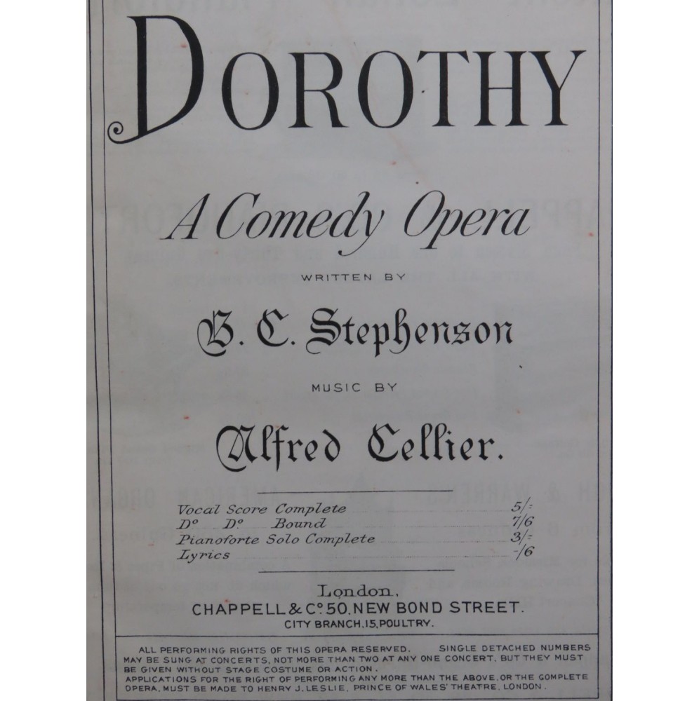 CELLIER Alfred Dorothy The Mountebanks Opéra Chant Piano 1892