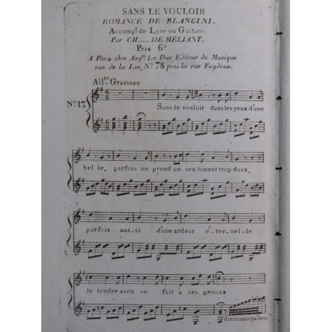 BLANGINI Félix Sans le vouloir Romance Chant Guitare ca1820