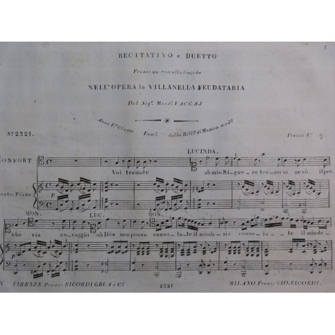 VACCAJ Nicola La Villanella Feudataria Recitativo Chant Piano ca1826