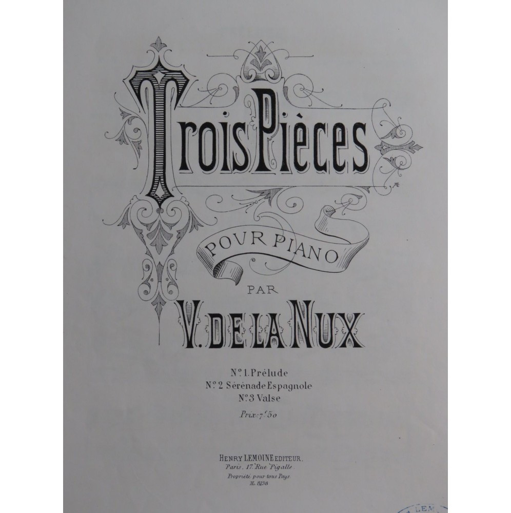 DE LA NUX P. V. Trois Pièces Piano 1878