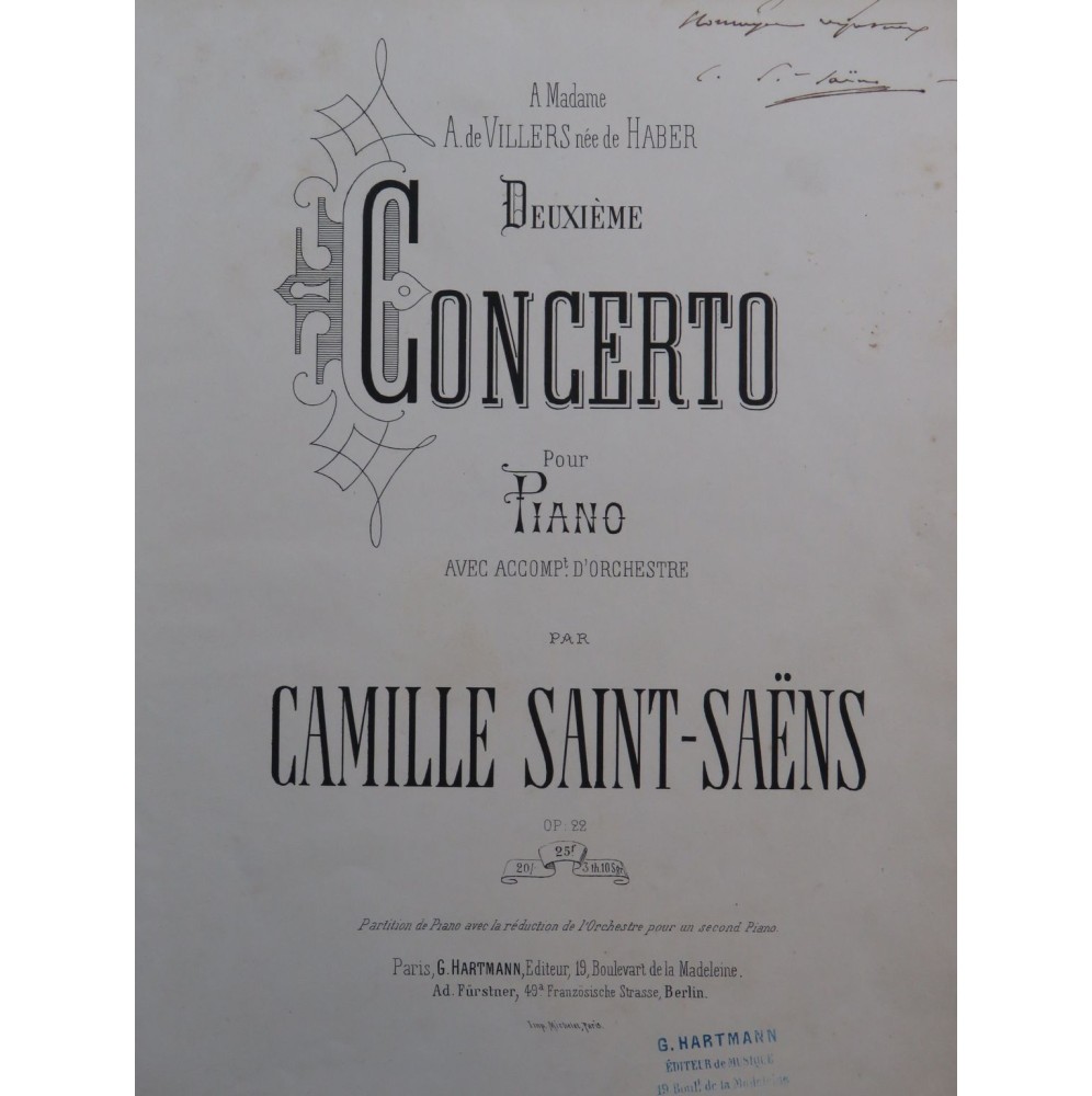 SAINT-SAËNS Camille Concerto No 2 op 22 Dédicace 2 Pianos 4 mains 1868