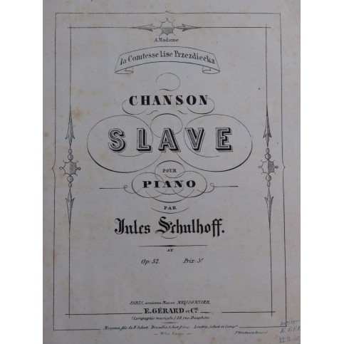 SCHULHOFF Jules Chanson Slave op 52 Piano ca1865