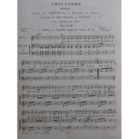 FRANCIS D'ARTOIS C'est l'Amour Ronde Chant Piano ou Harpe ca1830