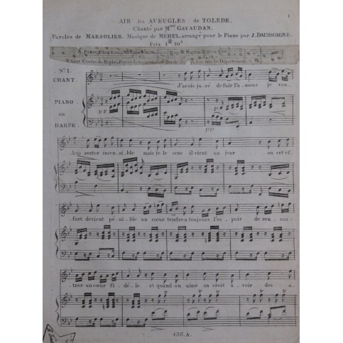 MÉHUL Les Deux Aveugles de Tolède No 1 Chant Piano ou Harpe 1806