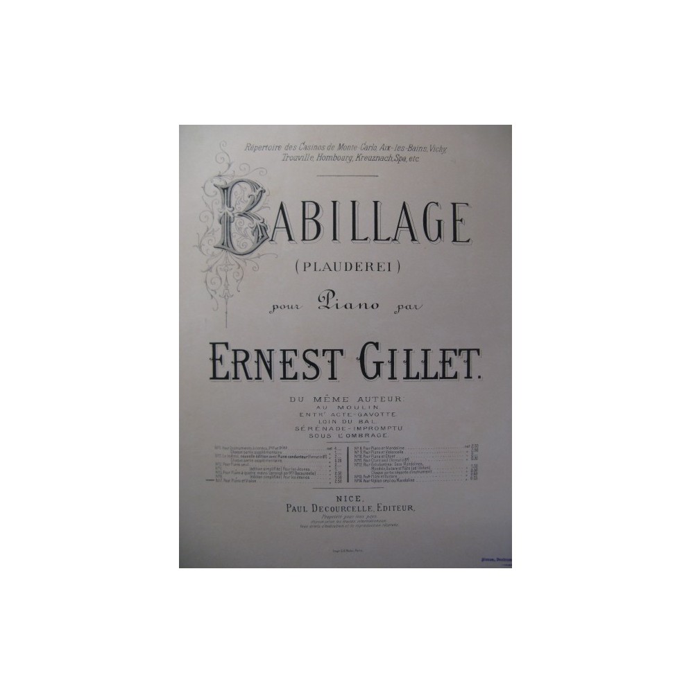 GILLET Ernest Babillage Piano Violon ou Mandoline ca1895