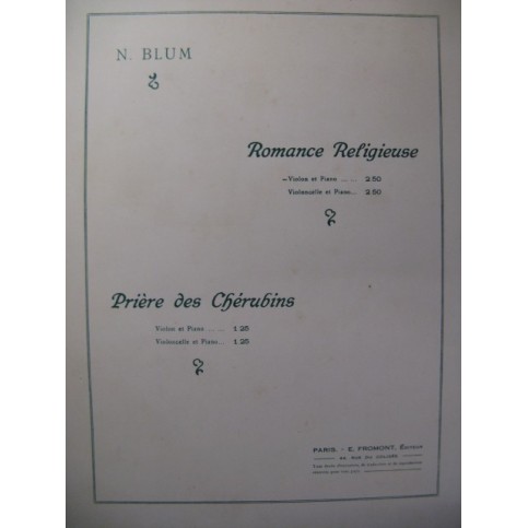 BLUM N. Romance Religieuse Violon Piano ca1892