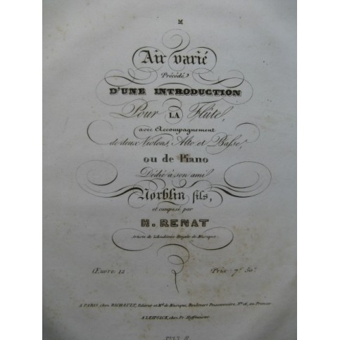 RENAT H. Air Varié Flute Violons Alto Basse 1834