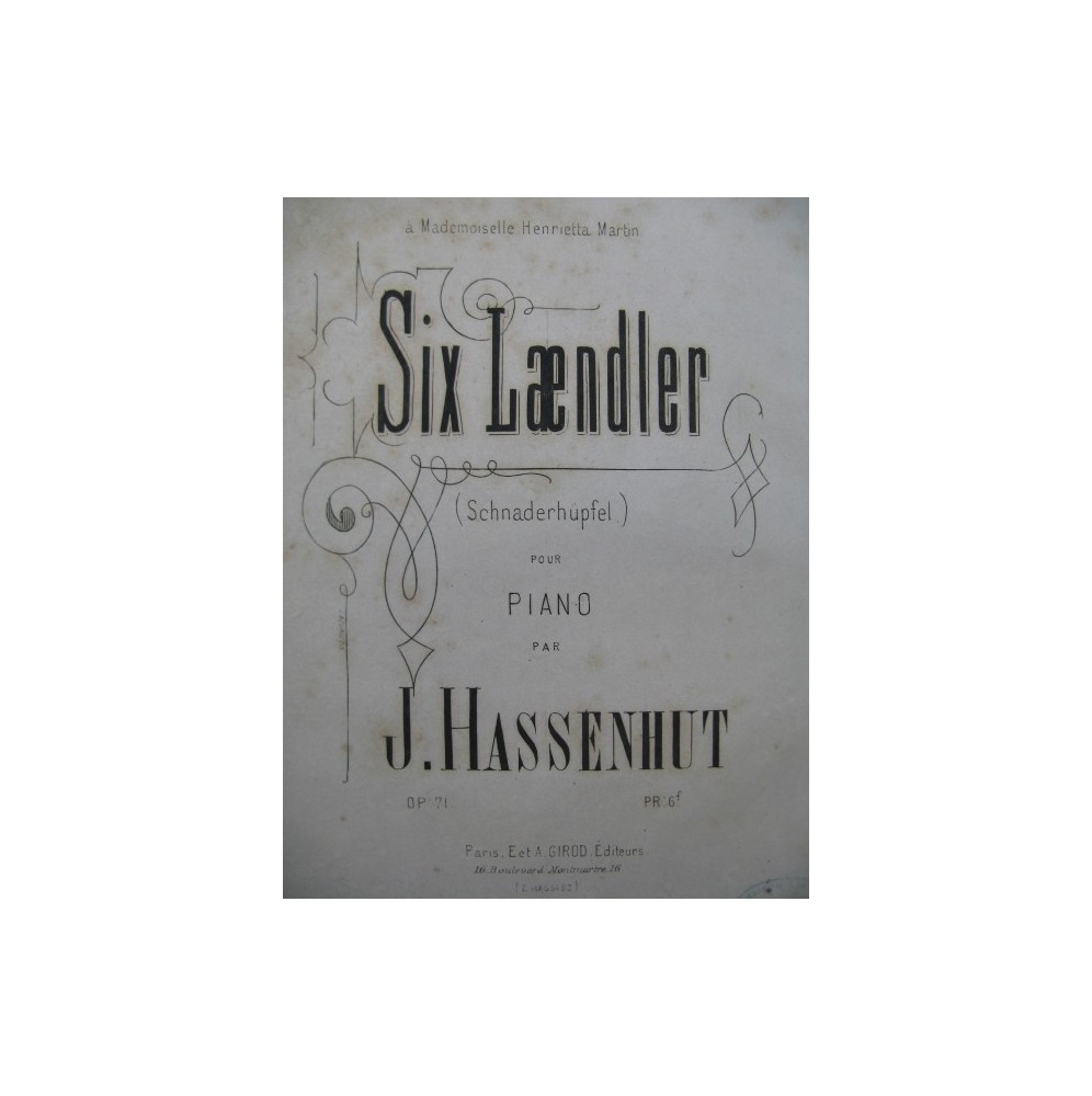 HASSENHUT J. Six Laendler op 71 Piano ca1870
