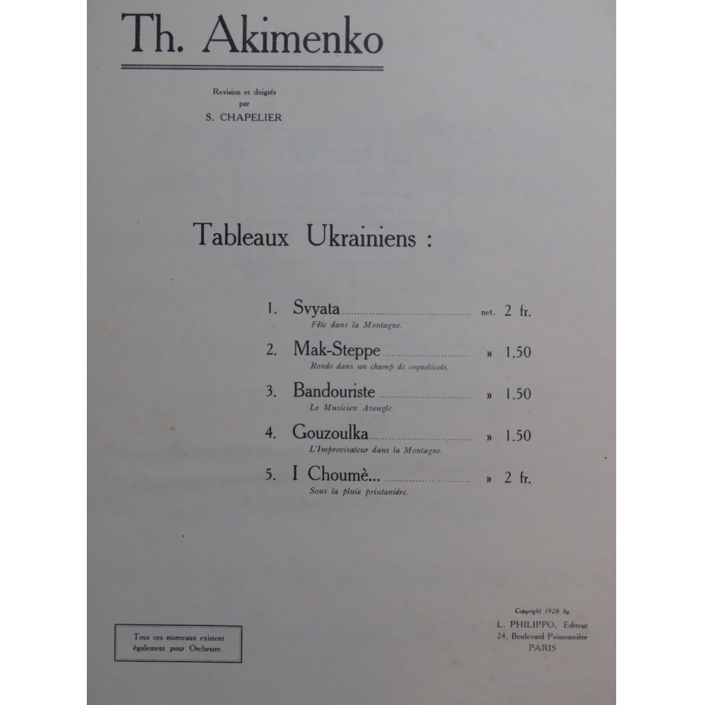 AKIMENKO Th. Tableaux Ukrainiens I Choumè Piano 1926