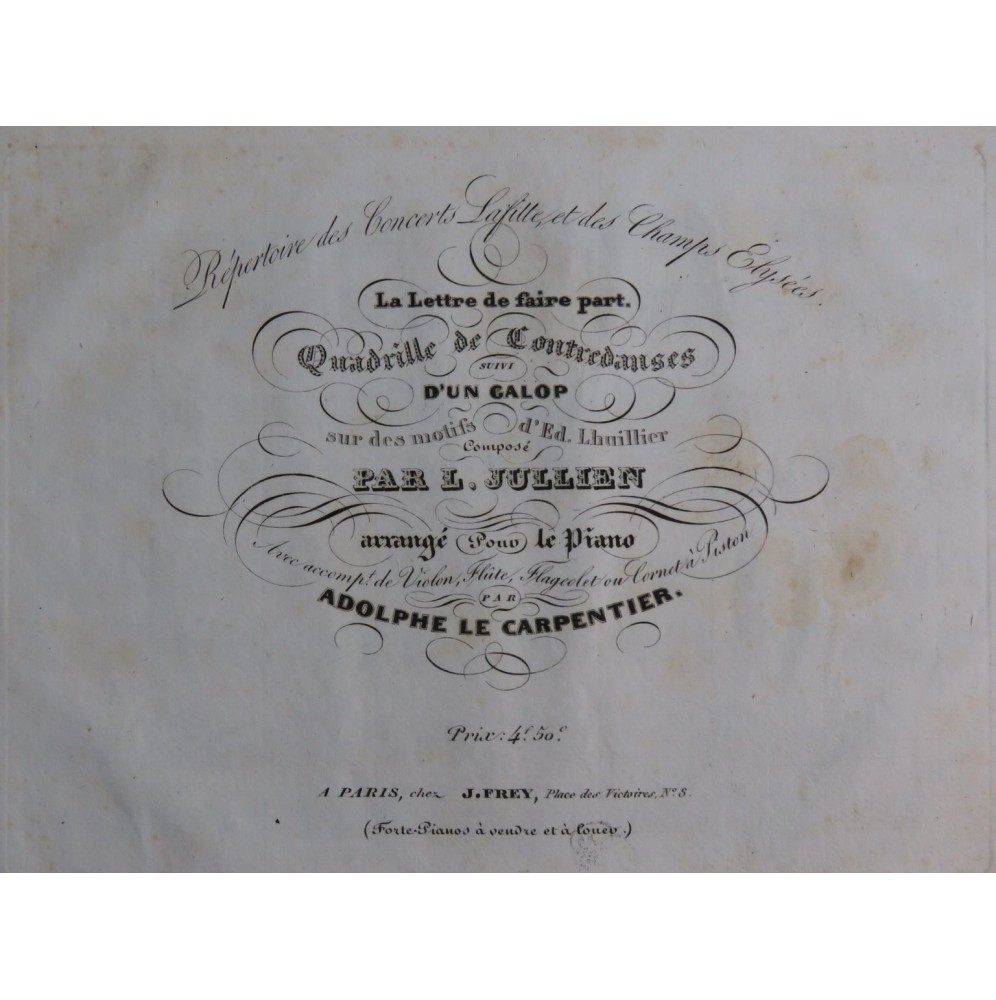 LE CARPENTIER Adolphe La Lettre de Faire Part Quadrille Piano ca1830