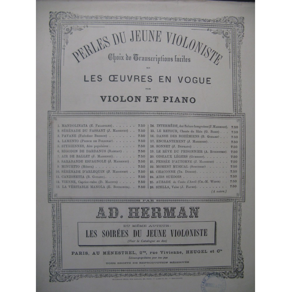 HERMAN Adolphe Sérénade du Passant Massenet Violon Piano 1903