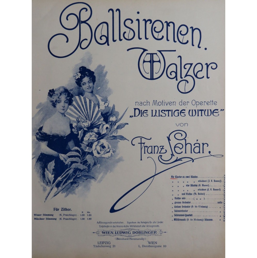 LEHAR Franz Ballsirenen Walzer Opérette Piano 1905