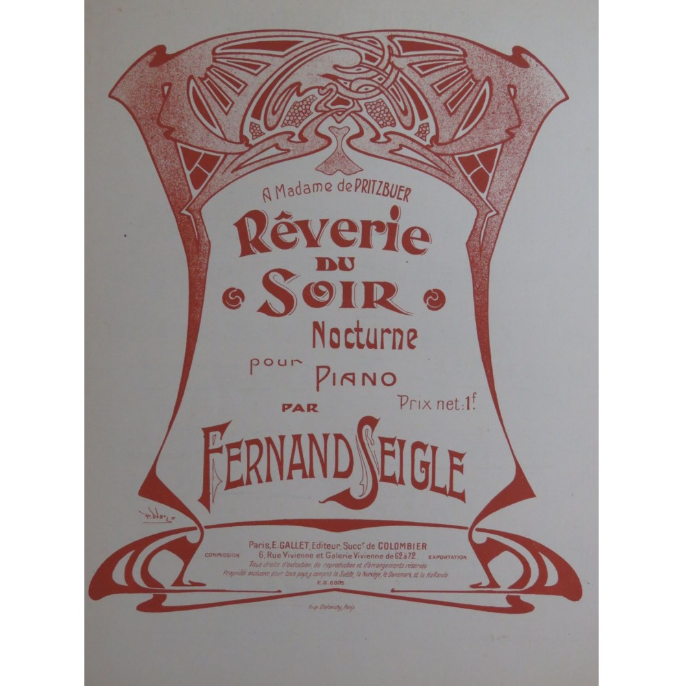 SEIGLE Fernand Rêverie du Soir Piano ca1906