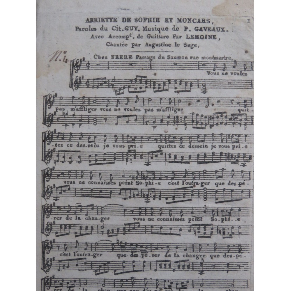 GAVEAUX Pierre Ariette de Sophie et Moncars Chant Guitare ca1820