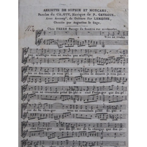GAVEAUX Pierre Ariette de Sophie et Moncars Chant Guitare ca1820