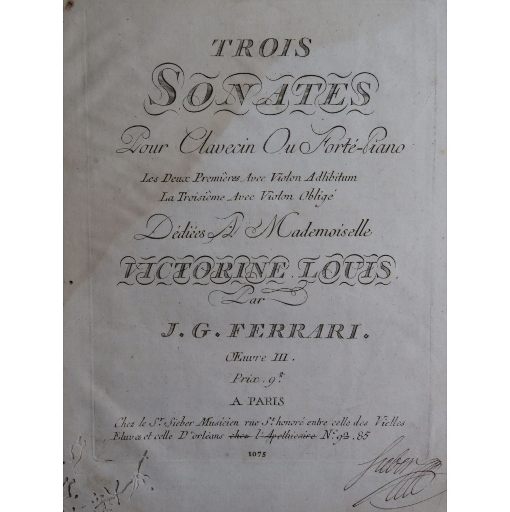 FERRARI Giacomo Gotifredo Trois Sonates op 3 Piano ca1790