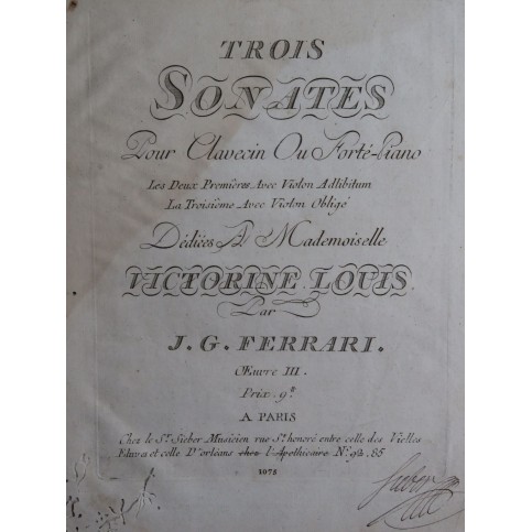 FERRARI Giacomo Gotifredo Trois Sonates op 3 Piano ca1790