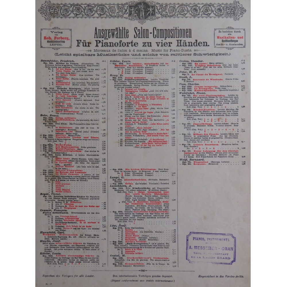 BEHR François Gavotte Pompadour op 499 Piano 4 mains ca1885