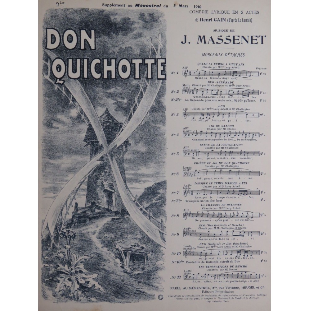 MASSENET Jules Don Quichotte No 2 bis Piano Chant 1910