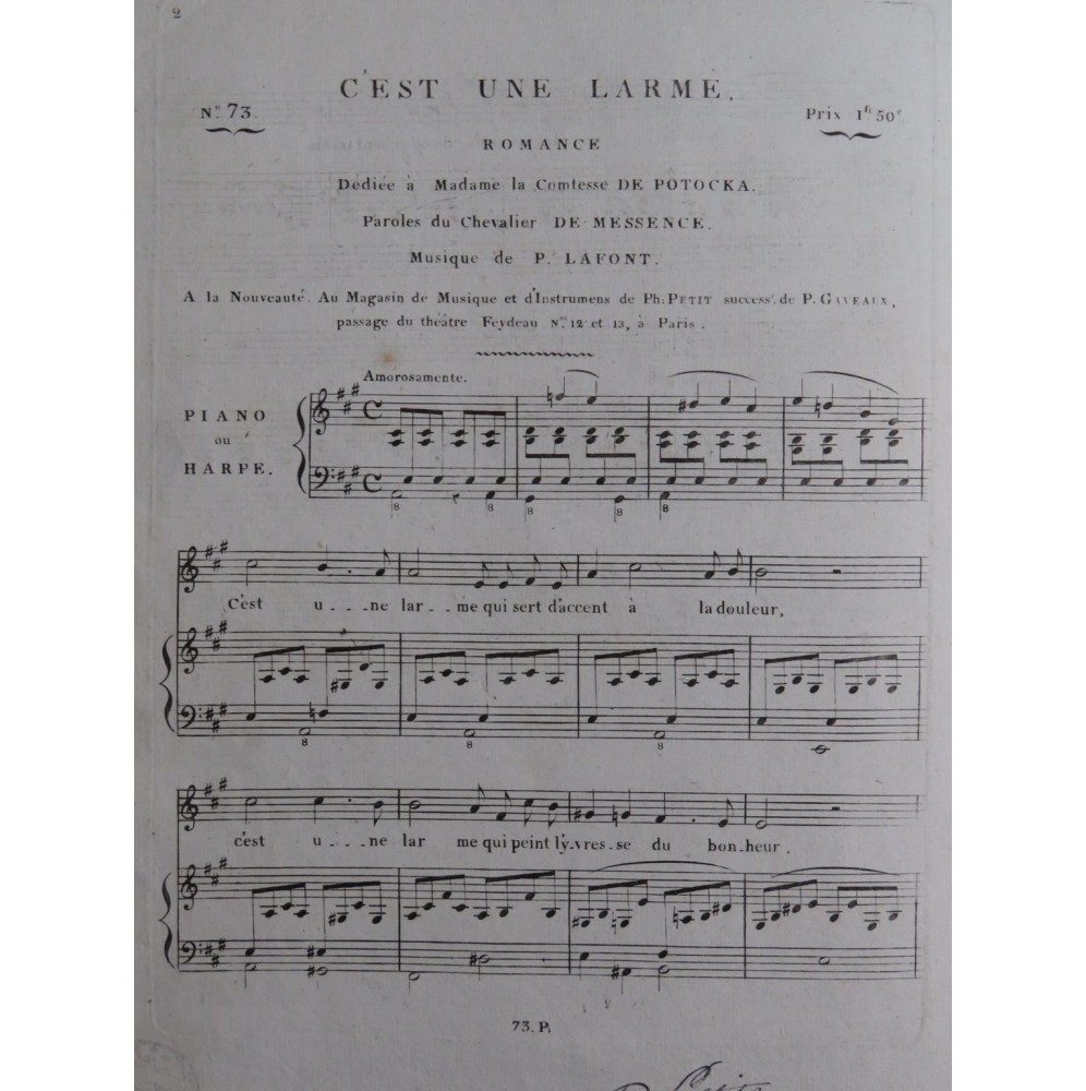 LAFONT P. C'est une larme Chant Piano ou Harpe ca1830