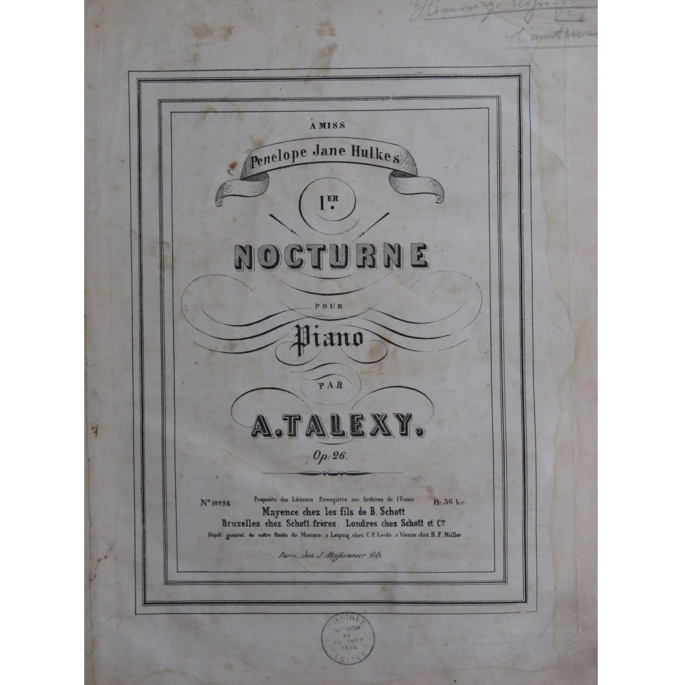 TALEXY Adrien Nocturne No 1 op 26 Dédicace Piano ca1860