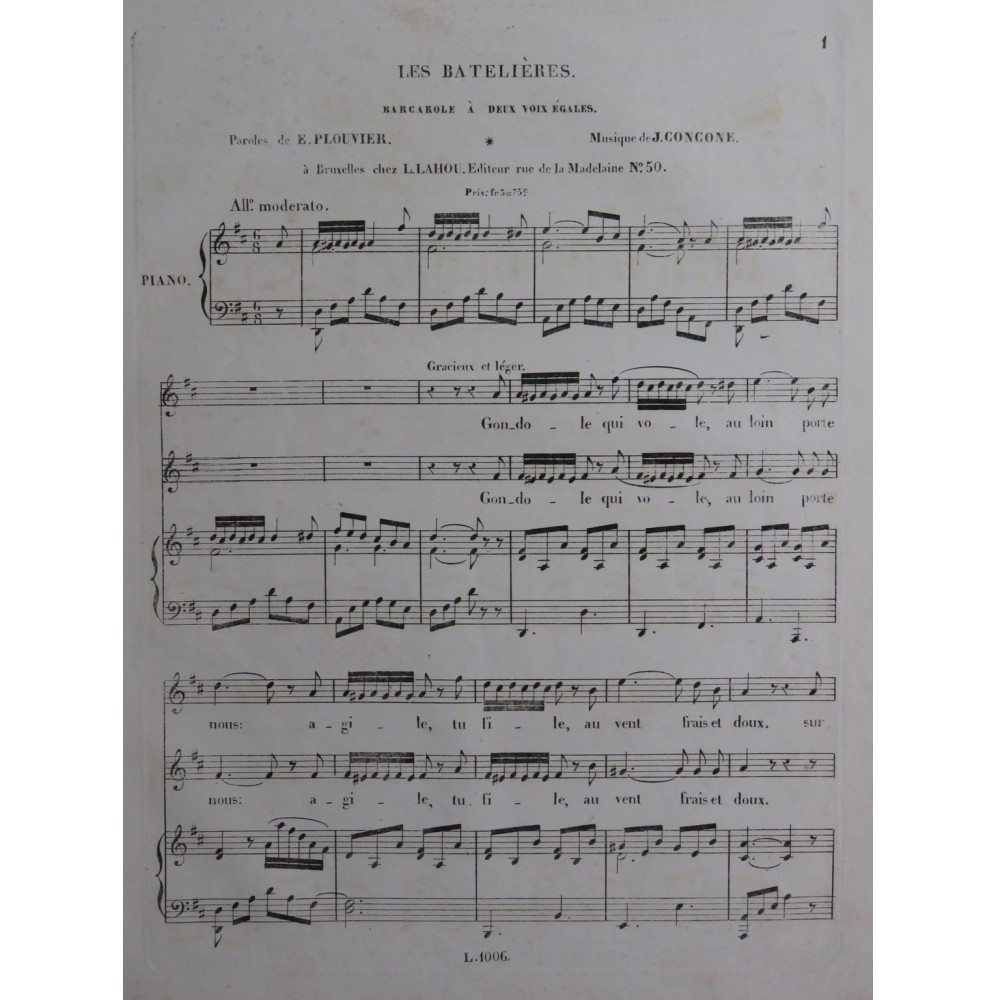 CONCONE Joseph Les Batelières Chant Piano ca1840
