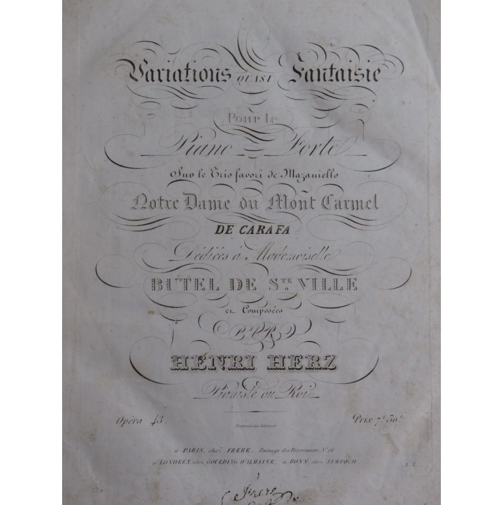 HERZ Henri Variations Notre Dame du Mont Carmel op 43 Piano ca1820