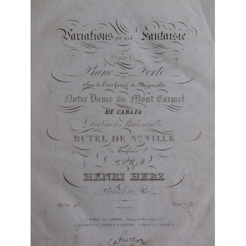HERZ Henri Variations Notre Dame du Mont Carmel op 43 Piano ca1820