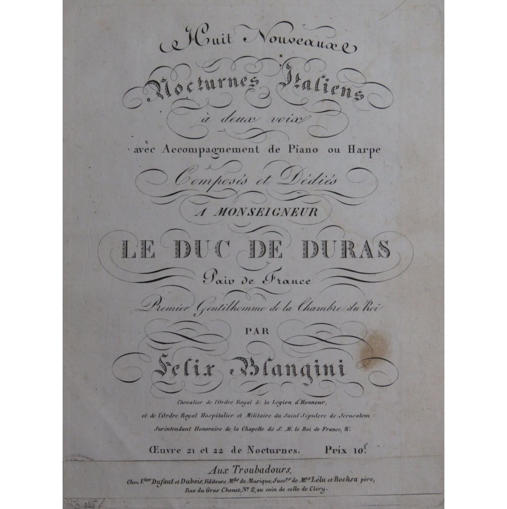BLANGINI Félix Huit Nocturnes Italiens Chant Piano ou Harpe ca1810