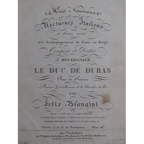 BLANGINI Félix Huit Nocturnes Italiens Chant Piano ou Harpe ca1810