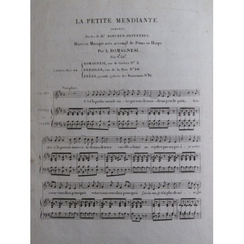 ROMAGNESI Antoine La Petite Mendiante Chant Piano ou Harpe ca1830