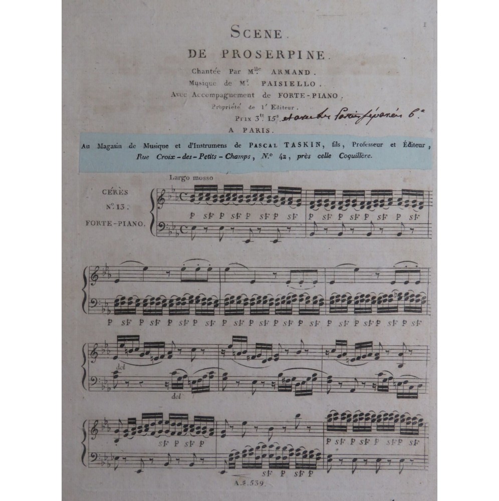 PAISIELLO Giovanni Proserpine No 13 Scène Chant Piano ca1805