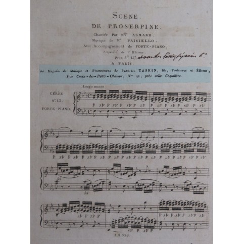 PAISIELLO Giovanni Proserpine No 13 Scène Chant Piano ca1805