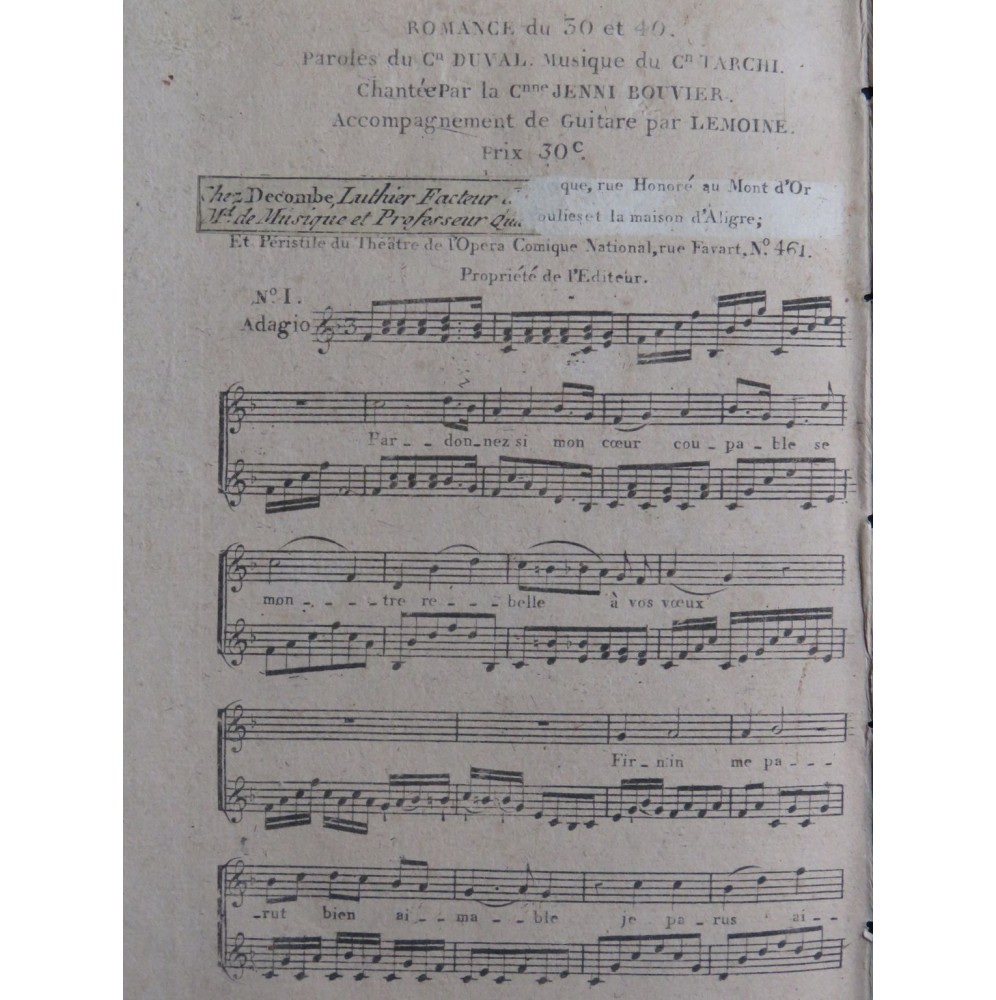 TARCHI Angelo Le Trente et Quarante Opéra No 1 Chant Guitare ca1800