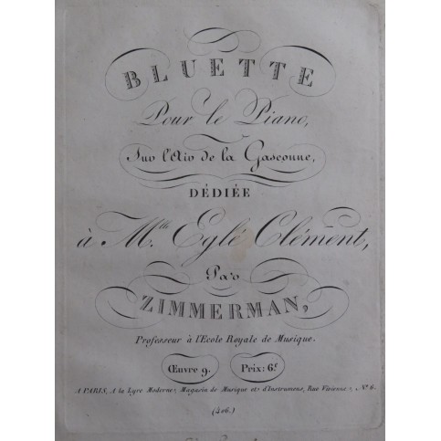 ZIMMERMAN Joseph La Gasconne Bluette op 9 Piano ca1820