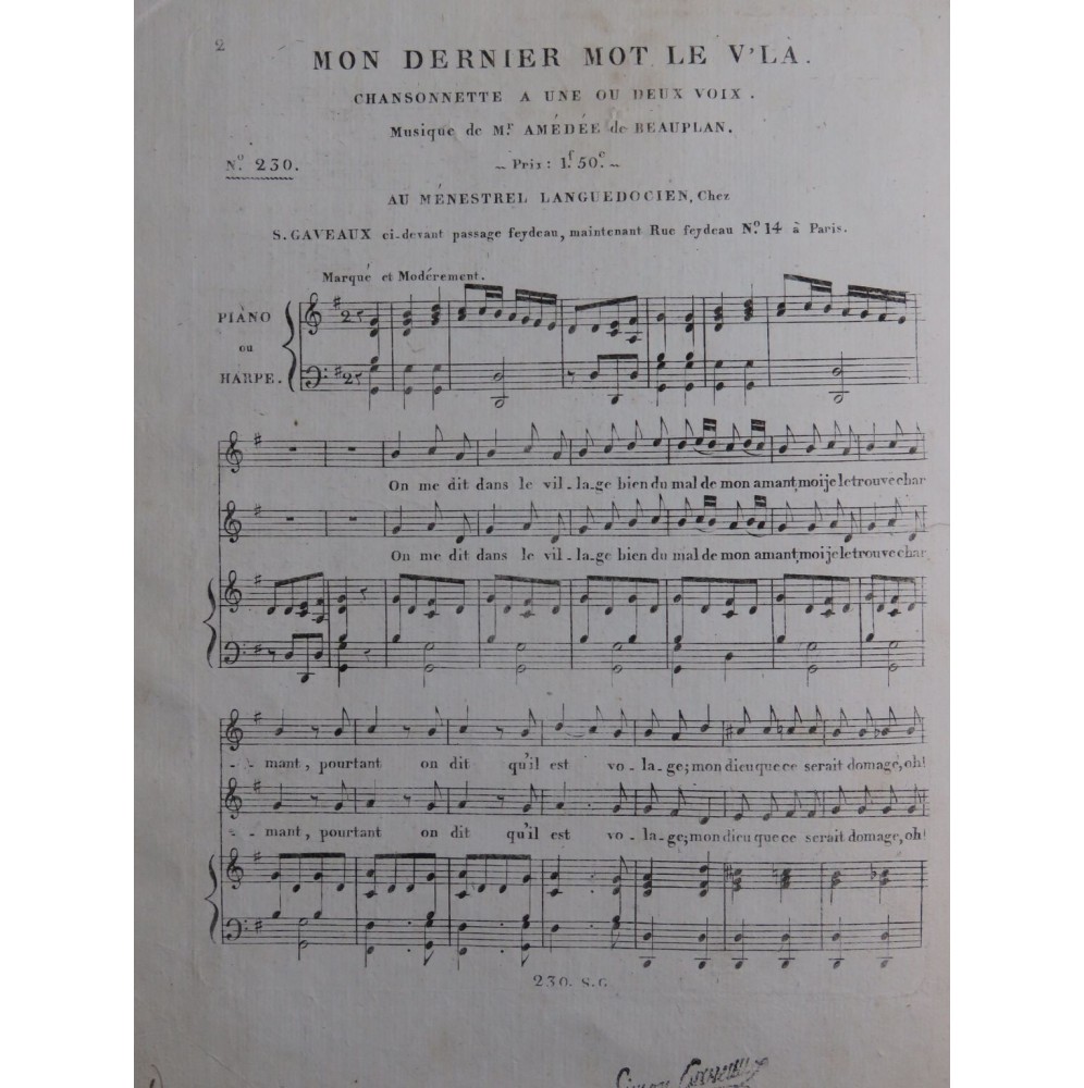 DE BEAUPLAN Amédée Mon dernier mot le V'la Chant Piano ou Harpe ca1820