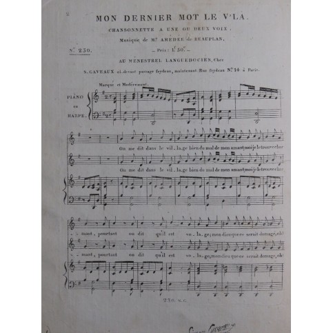 DE BEAUPLAN Amédée Mon dernier mot le V'la Chant Piano ou Harpe ca1820