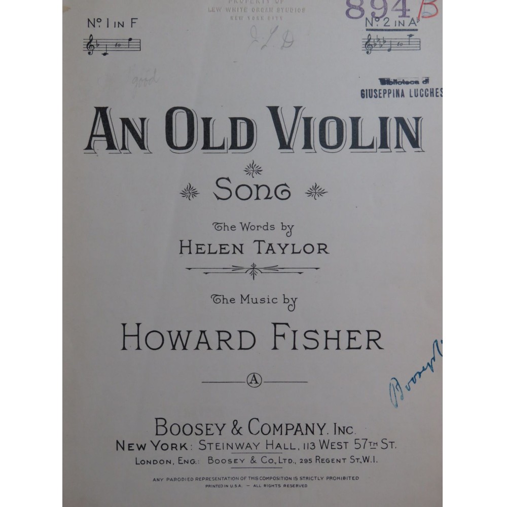 FISHER Howard An Old Violin Chant Piano 1929