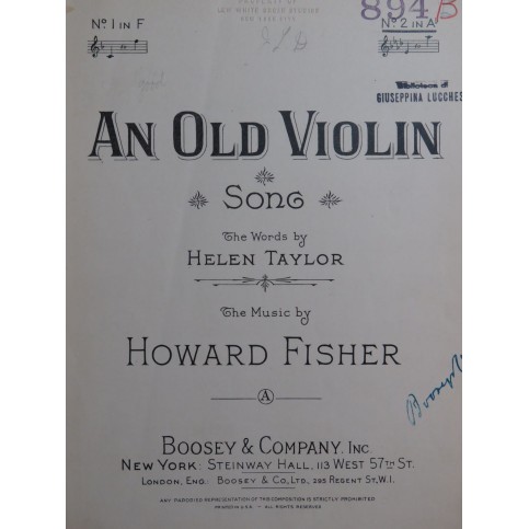 FISHER Howard An Old Violin Chant Piano 1929