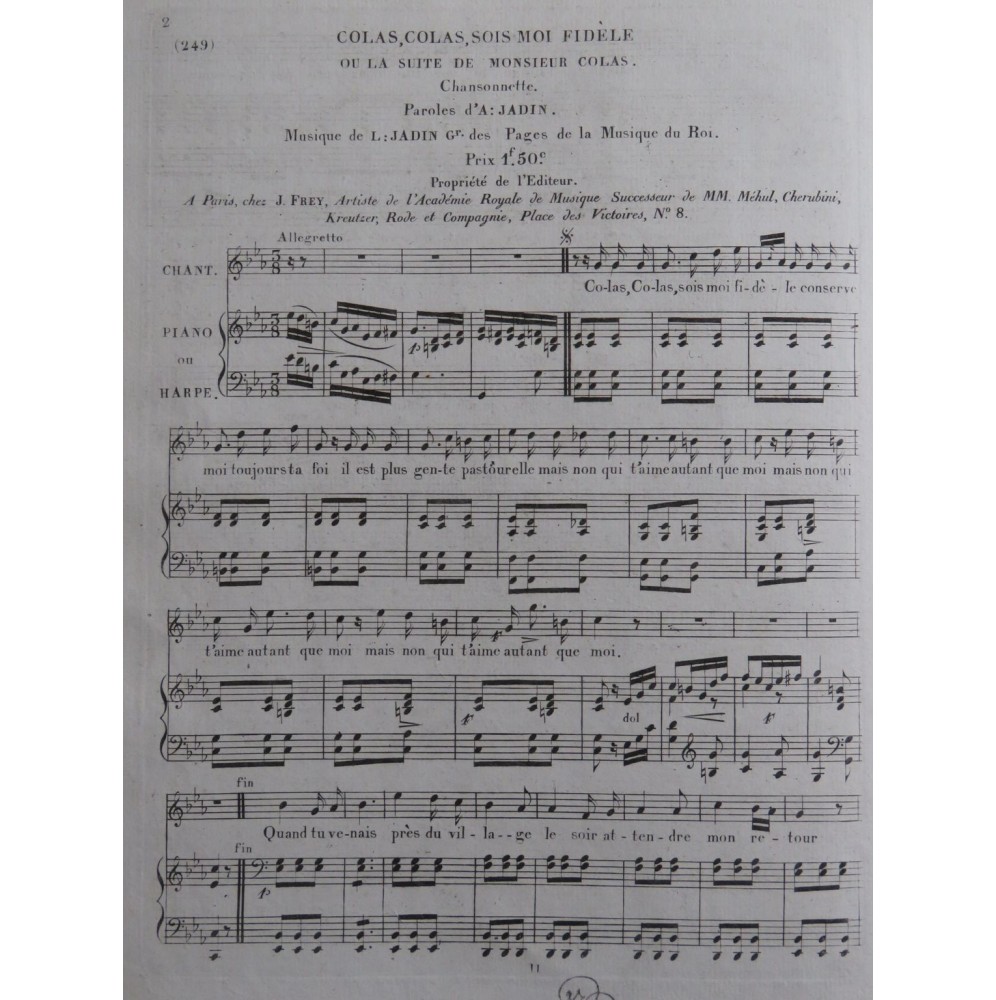JADIN L. Colas, Colas, sois moi fidèle Chant Piano ou Harpe ca1820