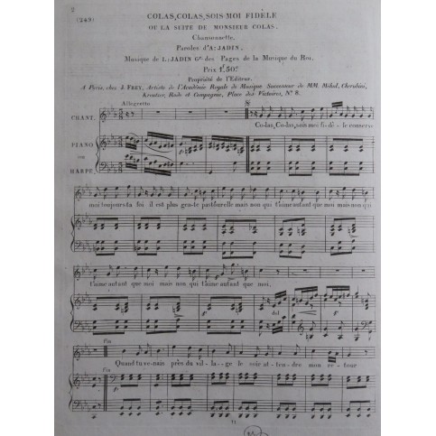JADIN L. Colas, Colas, sois moi fidèle Chant Piano ou Harpe ca1820