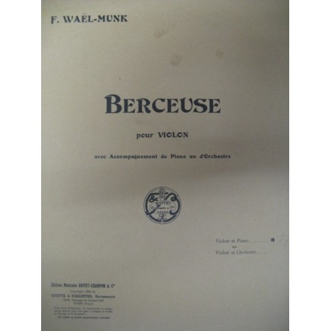 WAËL-MUNK Francis Berceuse Piano Violon 1924