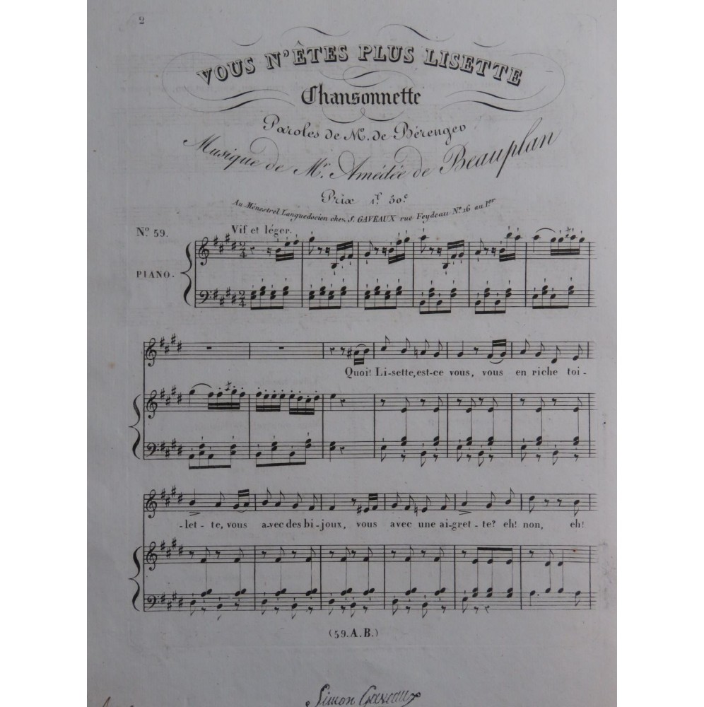 DE BEAUPLAN Amédée Vous n'êtes plus Lisette Chant Piano ca1830