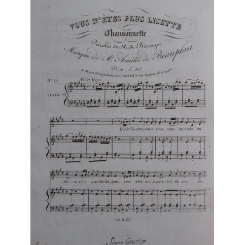 DE BEAUPLAN Amédée Vous n'êtes plus Lisette Chant Piano ca1830
