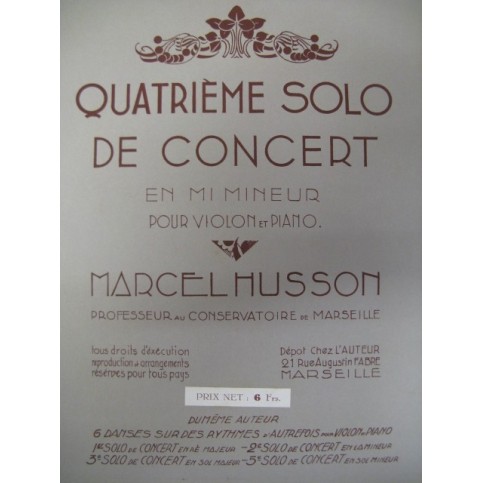 HUSSON Marcel 4ème Solo de Concert Dédicace Violon Piano